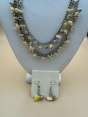 Yellow and Silver Bead Layered Necklace & Earrings Set. 107